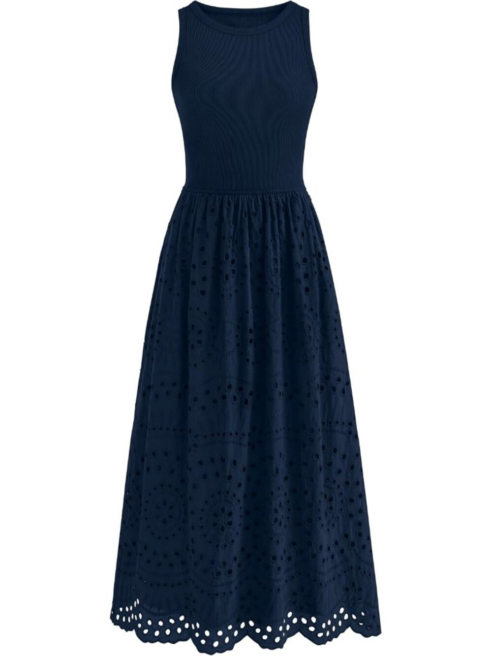 Women Sleeveless Lace Eyelet Cotton Tank Maxi Dress